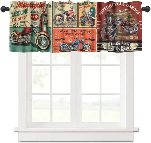 Vista 17 de Cortina de cenefas retro de los años 50, reparación de publicidad de automóvil, garaje, clásicos, bolsillo para barra, tratamientos de ventana corta