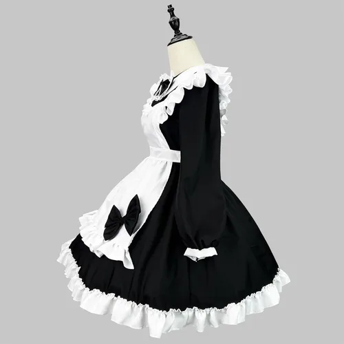 Vista 4 de Lindo vestido de Lolita de sirvienta para mujer, con ribete de encaje, manga larga, con volantes, delantal, vestido de cafetería, camarera, cosplay