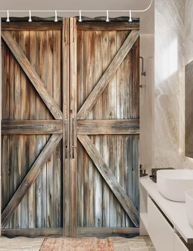 Vista 37 de Cortina de ducha de puerta de granero de madera rústica, 60 x 70 pulgadas, beige