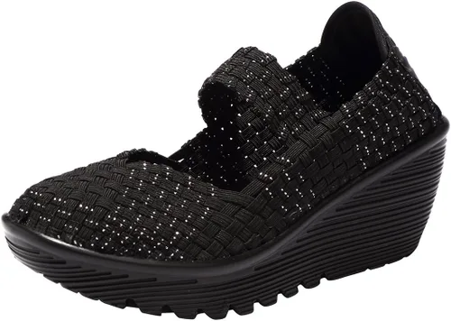 Vista 13 de EnllerviiD - Sandalias de cuña Mary Jane para mujer, zapatos de plataforma con bombas elásticas, cómodos para el trabajo y uso casual 669negro