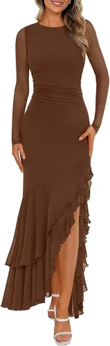 Vista 25 de BTFBM Maxi vestidos de mujer otoño 2026 manga larga vestido de invitada de Café