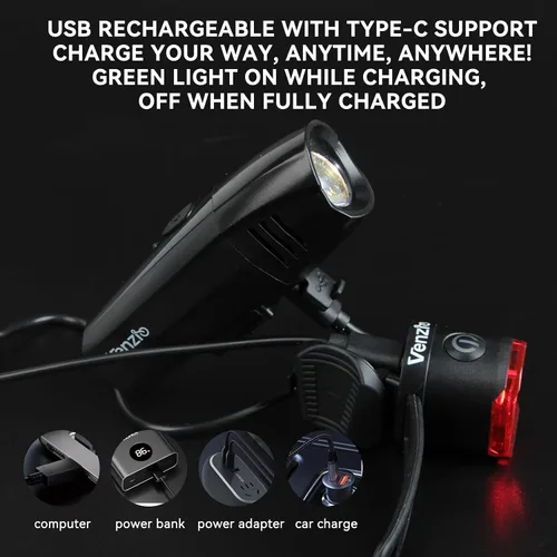 Vista 2 de Venzio Luces de bicicleta, faros y luces traseras recargables USB-C para bicicleta, luces delanteras y traseras de bicicleta de 6+2 modos