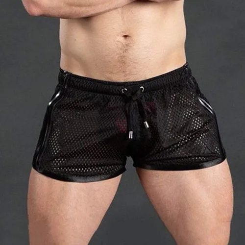 Vista 4 de WENKOMG1 Pantalones cortos gay de malla para hombre, transparentes, de secado rápido, con rayas laterales, sexy, ligeros, de 3 pulgadas, pantalones