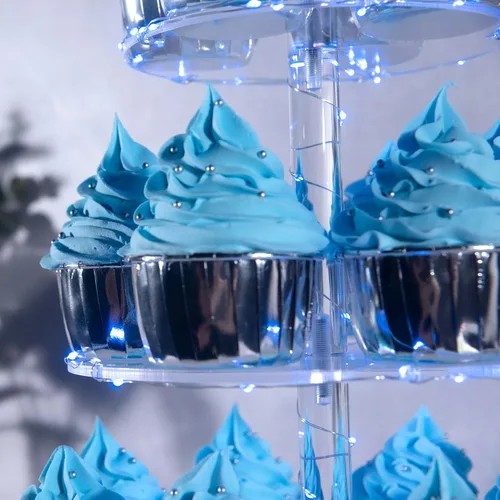 Vista 3 de Soporte para Cupcakes, Soporte Redondo para Cupcakes de 4 Niveles con Tira de Luces LED, Torre de Exhibición de Cupcakes de Acrílico para Bodas, Azul