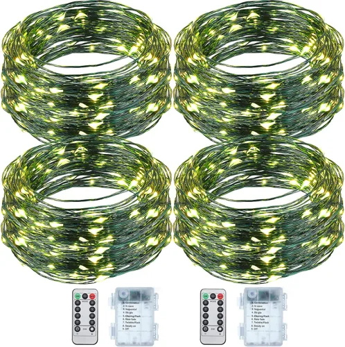 Vista 15 de Remagr 4 paquetes de luces de hadas navideñas de cadena, luces LED de alambre verde impermeables, funciona con pilas, con control remoto, 8 modos
