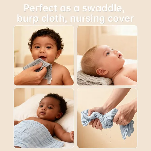 Vista 3 de Toallitas de muselina orgánicas para bebé, paquete de 6, toalla de baño y cara de 12x12 pulgadas, extra absorbente y suave, para bebés recién Azul