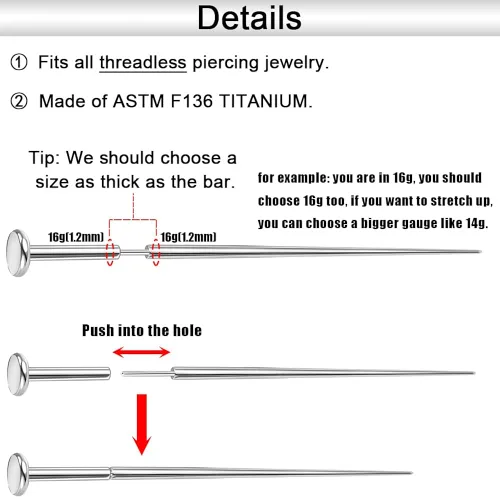 Vista 5 de PunkTracker Kit de perforación de titanio ASTM F136 de 0.49oz0.56oz0.63oz, pasador de inserción cónico para empuje sin roscas, tragus, hélice