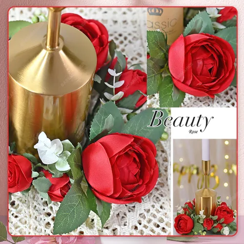 Vista 7 de Anillos de vela de rosas rojas para el día de San Valentín, coronas, flores artificiales con hojas verdes, mesa floral, centro de mesa, mini