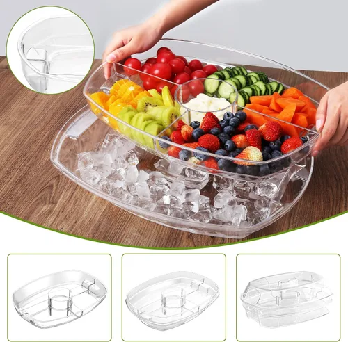 Vista 3 de IVYHOME Bandeja de servir refrigerada de 3 niveles con tapa, bandeja de servir frutas con hielo de 15 pulgadas con 4 compartimentos, plato