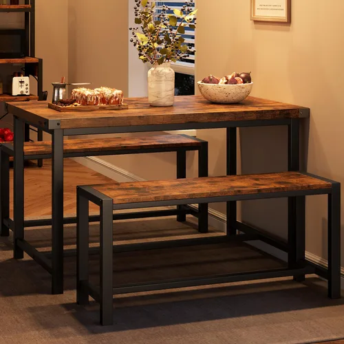Vista 10 de IDEALHOUSE Juego de mesa de comedor para 4, mesa de cocina con 2 bancos tapizados, juego de mesa de comedor rectangular, juego de mesa de cocina