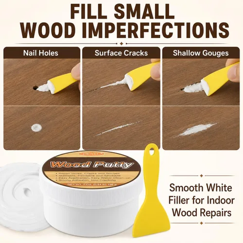 Vista 3 de DEWEL Masilla de relleno de madera, kit de reparación de muebles de madera, relleno de madera blanca manchable y paintab, reparación rápida