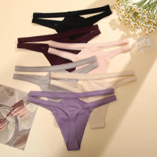 Vista 6 de FINETOO Tangas sin costuras para mujer, ropa interior sexy, tangas invisibles, de cintura alta, no se ven en la cintura, paquete de 6 unidades, S-XL