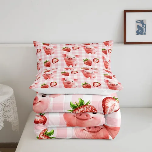 Vista 6 de Manfei Juego de edredón para niños de fresa roja, tamaño individual, juego de ropa de cama de cerdo acuarela de 2 piezas para niños, niñas