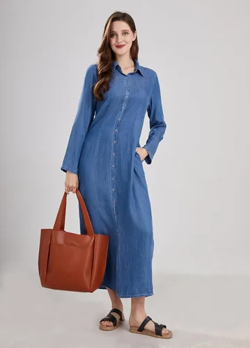 Vista 5 de utcoco Vestido largo casual de mezclilla con botones para mujer, con solapa, manga larga, con bolsillos
