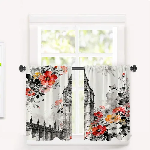 Vista 30 de Cortinas opacas de cocina con pintura al óleo de Europa rosa y negra para ventanas, cenefas opacas modernas de torre Eiffel de poliéster multicapa
