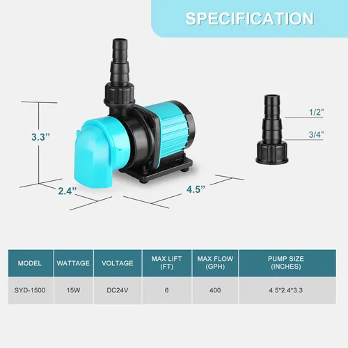 Vista 3 de Bomba de retorno para acuario de 400GPH con controlador de pantalla LCD, bomba de acuario DC 24V de 15W para acuario de agua salada y agua dulce