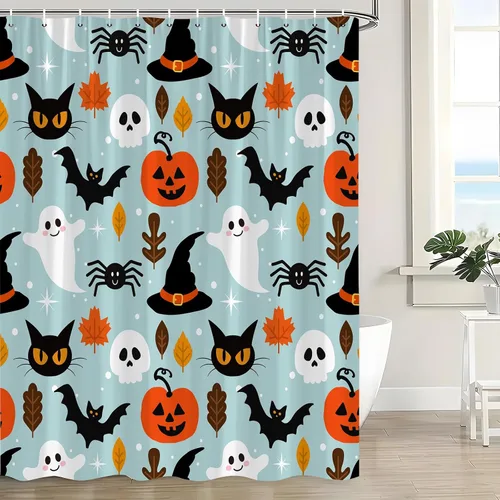 Vista 4 de Cortina de ducha azul de Halloween, linda cortina de baño de fantasma, terror, calabaza, espeluznante, gato negro, calavera aterradora, murciélago