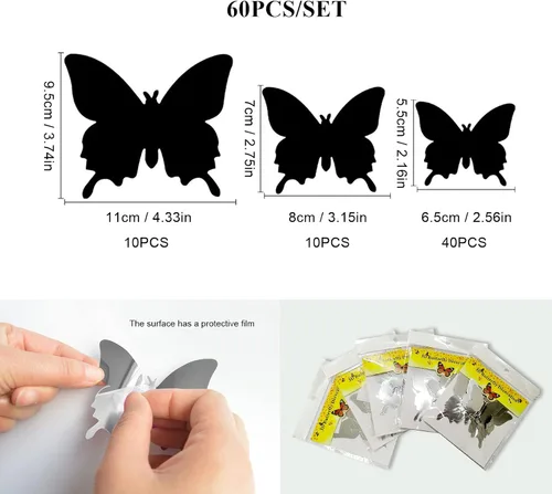 Vista 5 de 60 decoraciones de mariposa plateada, calcomanías de mariposa 3D extraíbles de CAYUDEN con espejo de mariposa plateada, decoraciones de pared
