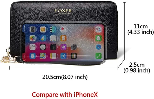 Vista 2 de FOXLOVER Carteras de cuero genuino para mujer, con bloqueo RFID, con cremallera, con pulsera
