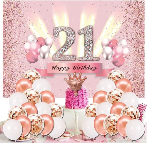 Vista 4 de Decoraciones de feliz cumpleaños 21 para mujer, pancarta de fondo para fiesta, póster de tela de aniversario, fondo de foto rosa, suministros