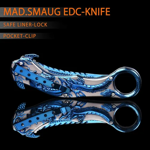 Vista 6 de Cuchillo de bolsillo, 9Cr18Mo BLADE Cuchillo plegable de bolsillo con funda, genial cuchillo EDC de dragón 3D, gran cuchillo de bolsillo de regalo