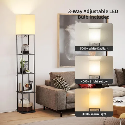 Vista 2 de SUNMORY Lámpara de pie de 5 niveles con estantes, moderna lámpara de pie cuadrada con bombilla de temperatura de 3 colores, lámpara de estantería
