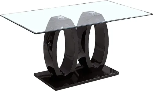 Vista 3 de Mesa de comedor rectangular moderna de vidrio, mesa de cocina de vidrio con parte superior de vidrio templado transparente y pedestal de base doble