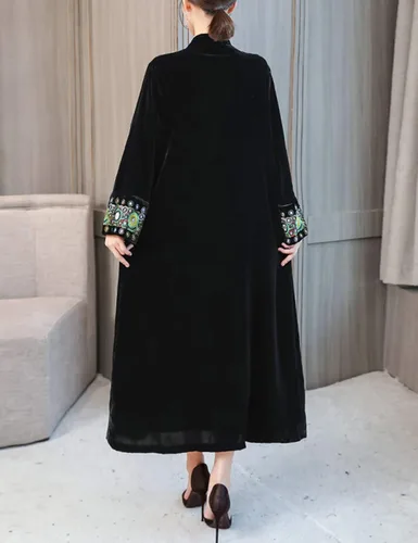 Vista 5 de Omoone Gabardina larga bordada de terciopelo vintage para mujer