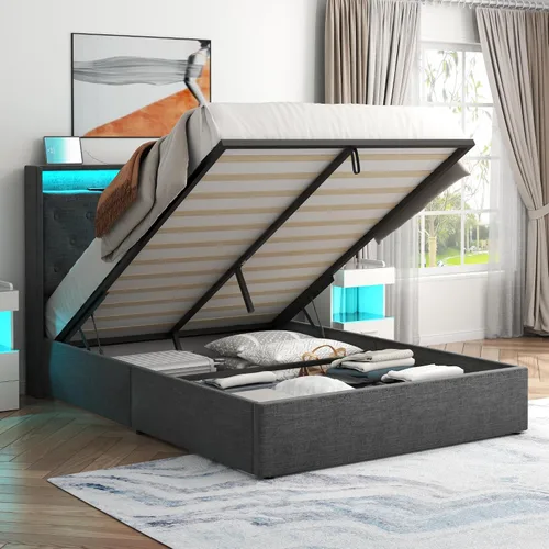 Vista 10 de Loomie Marco de Cama Queen Elevable con Estación de Carga y Luces LED, Cama Tapizada con Cabecera de Almacenamiento Capitoné con Respaldo Alto Beige