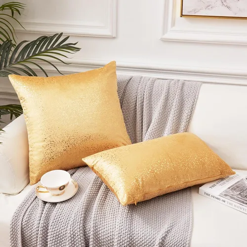 Vista 2 de EUCIOR Fundas de almohada doradas, fundas de almohada amarillas mostaza de 16 x 16 pulgadas, almohadas doradas claras con estampado de lámina