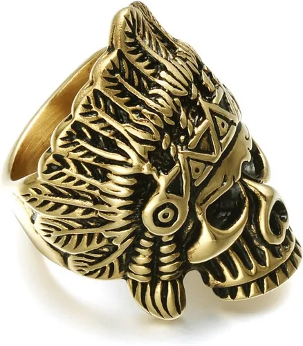 Vista 2 de Cool Feather Dayak Indian Headdress Punk Skull Stainless Steel Mens Ring