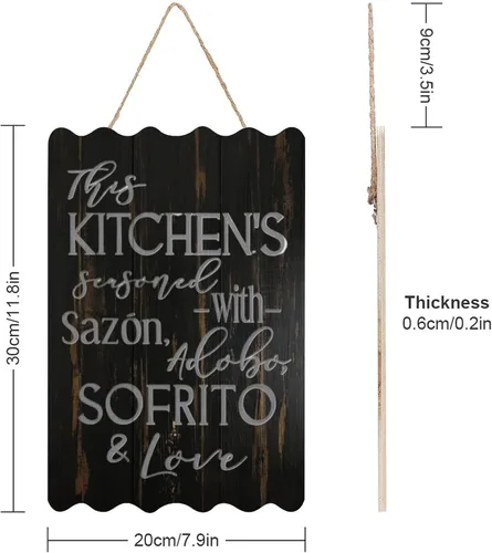 Vista 3 de Letrero de madera con texto en inglés «This Kitchen is Seasoned with Sazon Adobo Sofrito & Love» La Cocina española puertorriqueña para decoración