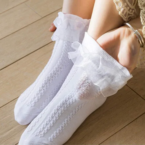 Vista 7 de Calcetines de encaje con volantes para bebés y niñas pequeñas, con ojales, de malla, de algodón, suave, con volantes, 1-9T