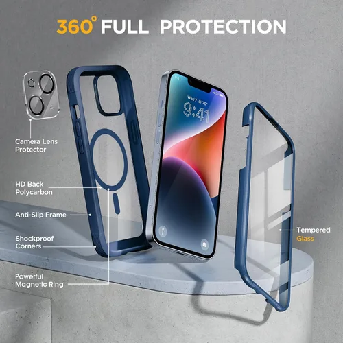 Vista 4 de Miracase Funda Magnética para iPhone 14 de 6.1'', [Sin Burbujas] Funda Protectora Bumper de Cuerpo Completo con Protector de Pantalla de Vidrio