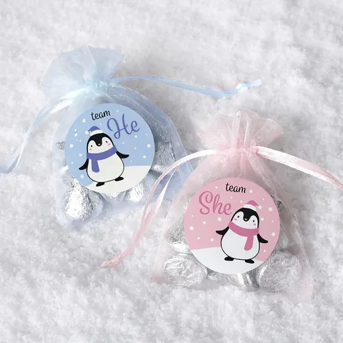 Vista 4 de Waddle It Be? Pegatinas de fiesta de revelación de género de pingüino, equipo él o equipo ella, rosa o azul, 40 unidades 1.75" Round, 20 Team He
