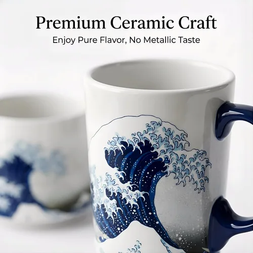 Vista 7 de Taza de cerámica de viaje de Voltugar con tapa y asa para el hogar y la oficina, taza de té alta de porcelana con diseño de olas y caja