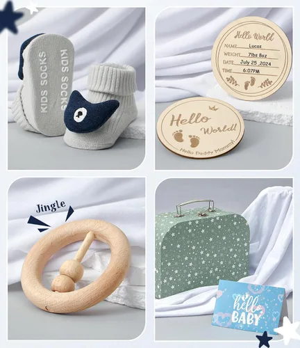 Vista 6 de Golray Regalos para baby shower, 9 piezas esenciales para recién nacidos con zorro amoroso/manta/mameluco/sonajero