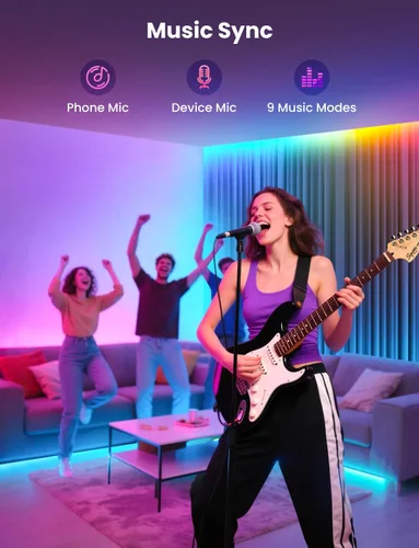 Vista 7 de Tira de luz LED RGB+IC, luz LED inteligente de 32.8 pies para dormitorio, control de aplicación Bluetooth, tira de iluminación LED que cambia