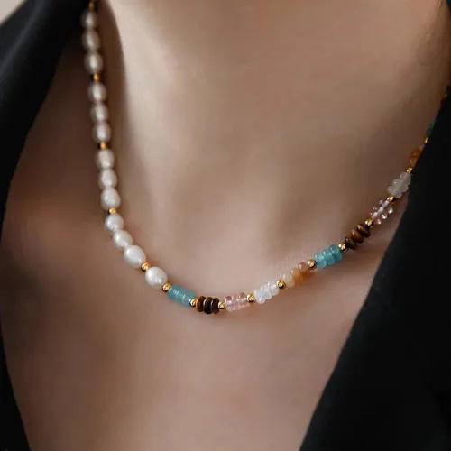 Vista 2 de Freshwater Pearl Strand Necklace Tiger Eye Natural Gemstone Handmade Chain 18K Gold Jewelry Birthday Gift for Women 19inch Valentine Gift for Her