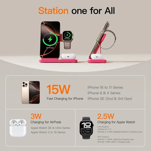 Vista 9 de Cargador inalámbrico 3 en 1 para iphoneAir17 16 15 14 13 12 11 XR 8, estación de carga Apple para Apple Watch 10/9/Ultra/8/7/SE/6/5/4 y AirPods