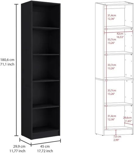 Vista 3 de Tuhome Home XS - Librería con estantes de cinco niveles y diseño vertical delgado que ofrece almacenamiento compacto para libros, decoración