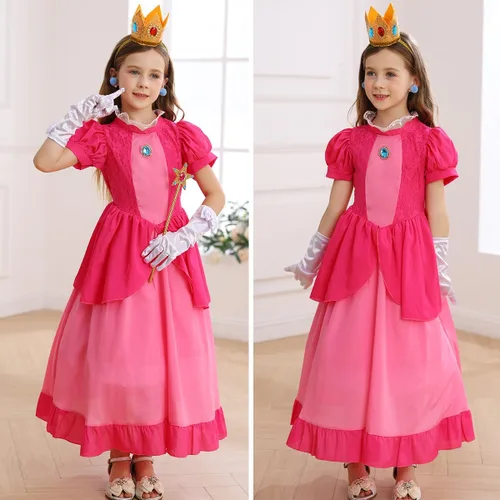 Vista 3 de iTVTi Disfraz de princesa melocotón para niñas, disfraz rosa, disfraz de Halloween, fiesta de cumpleaños