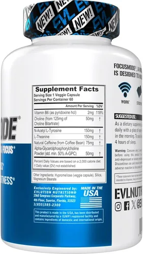 Vista 2 de Evlution Nutrición Energía Mental y Suplemento de Enfoque para Adultos - Suplemento de apoyo cerebral nootrópicos con cafeína L teanina alfa GPC