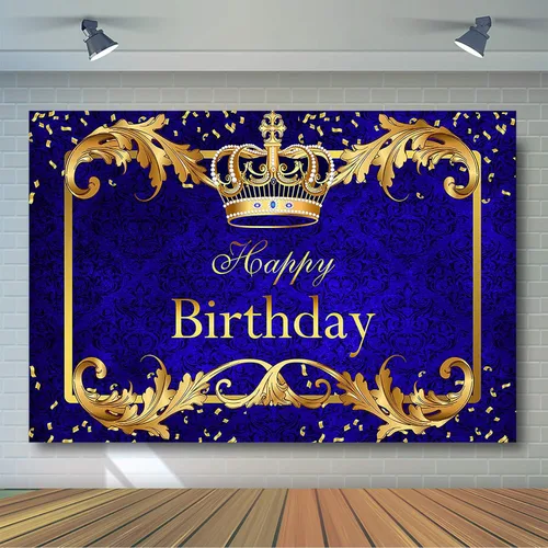 Vista 3 de Avezano Telón de fondo de fiesta de cumpleaños de príncipe para niño, corona de rey azul real y dorado, decoración de fiesta, fondo de fotografía