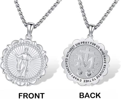Vista 4 de Eusense - Collar con colgante de plata de ley 925 de San MiguelSan Benito para hombres y mujeres con cruz de Jesúsmedalla milagrosa de la Virgen