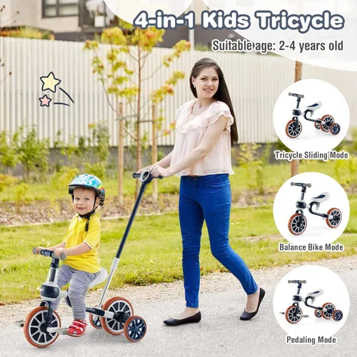 Vista 2 de BABY JOY Triciclo 4 en 1 para niños de 2 a 4 años, triciclo de equilibrio para niños con asiento ajustable y mango de empuje, pedales extraíbles