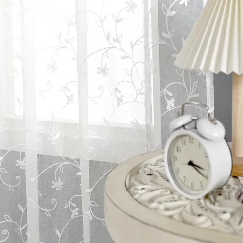 Vista 4 de BGment - Cortinas traslúcidas de 72 pulgadas de largo con 2 paneles, cortinas de lino sintético con ojales bordadas con patrón de flores 2-Blanco