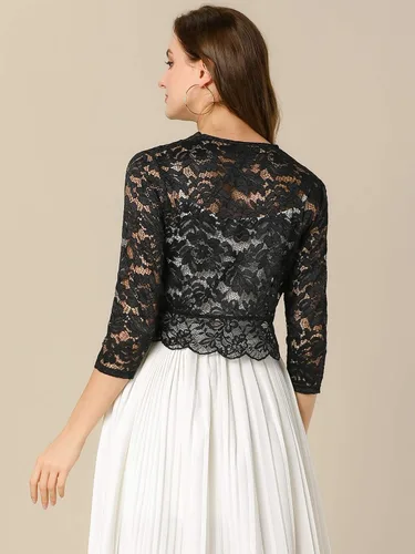 Vista 5 de Allegra K - Chaquetilla elegante para mujer de encaje floral traslúcido y manga 34