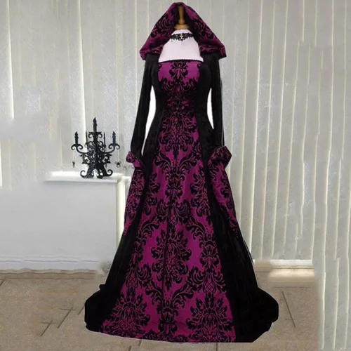 Vista 6 de ZEFOTIM Vestido renacentista para mujer, manga largamurciélago, corsés hasta el suelo con capucha, vestido gótico, cosplay