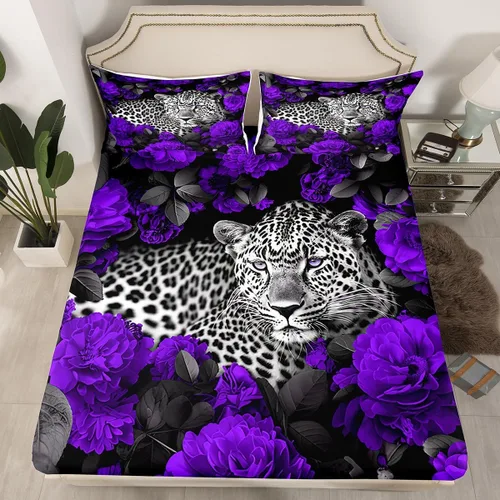 Vista 31 de Erosebridal Juego de sábanas bajeras de rosas rojas y leopardo, tamaño individual, diseño de animales africanos salvajes, diseño de plantas